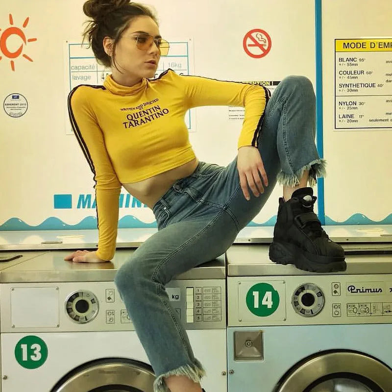 2025 Fashion Quentin Tarantino Sexy Crop Tops Women Side Stripe Long Sleeve Turtleneck Cotton Knitted Short tshirt Lady