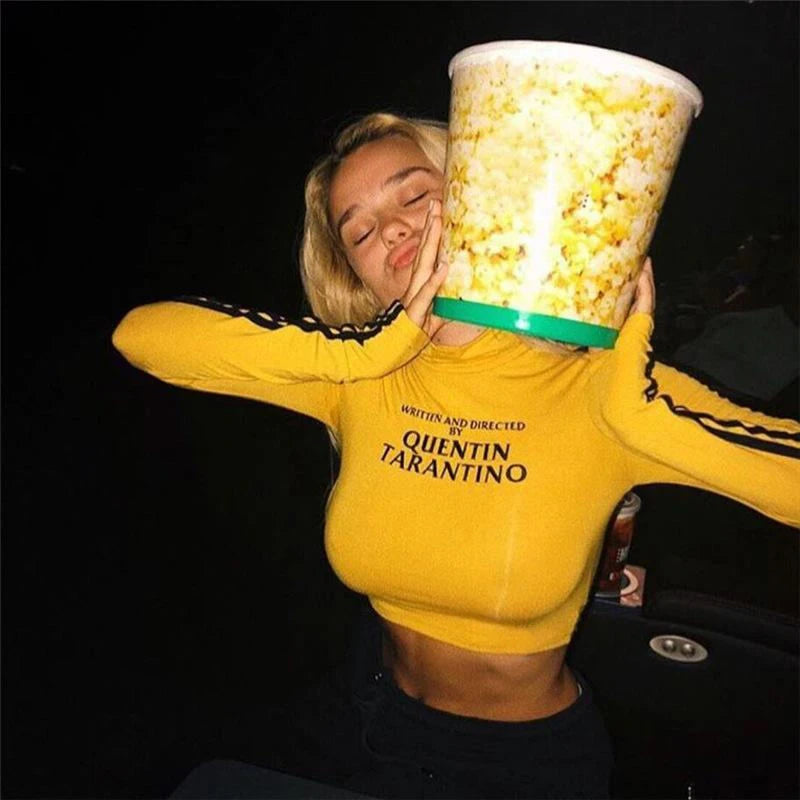 2025 Fashion Quentin Tarantino Sexy Crop Tops Women Side Stripe Long Sleeve Turtleneck Cotton Knitted Short tshirt Lady