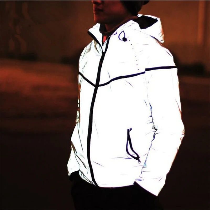 ABOORUN Men's 3M Reflective Jacket Thermal Fleece Waterproof Windbreaker Coat Hip Hop Jacket for Couples W2181