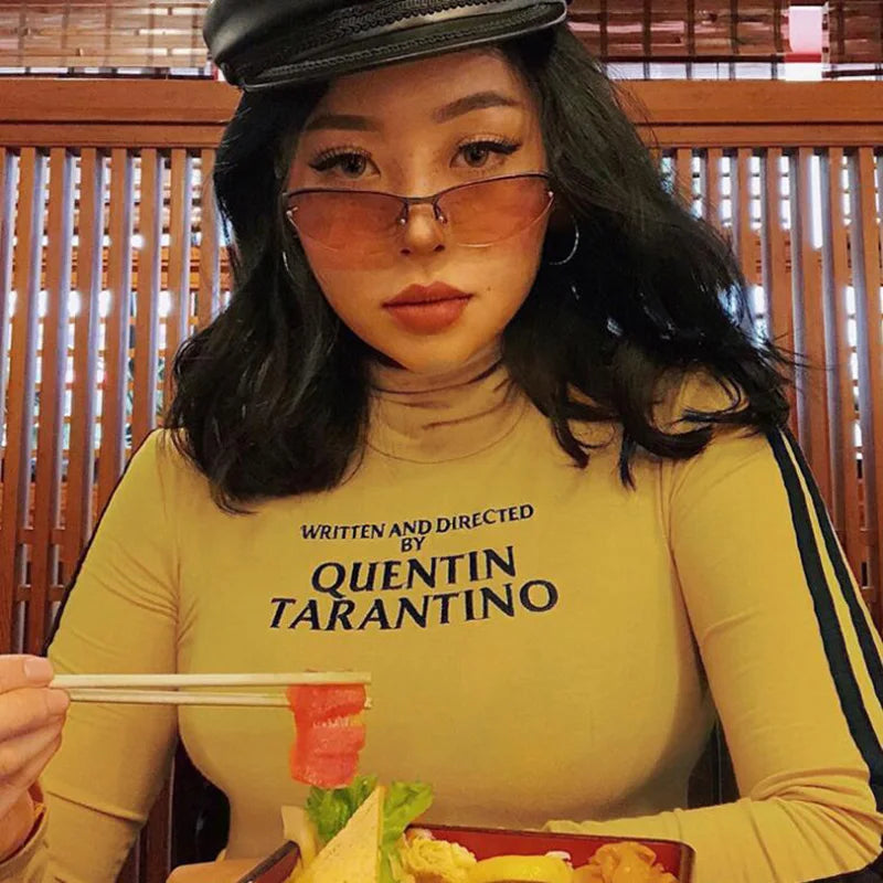 2025 Fashion Quentin Tarantino Sexy Crop Tops Women Side Stripe Long Sleeve Turtleneck Cotton Knitted Short tshirt Lady