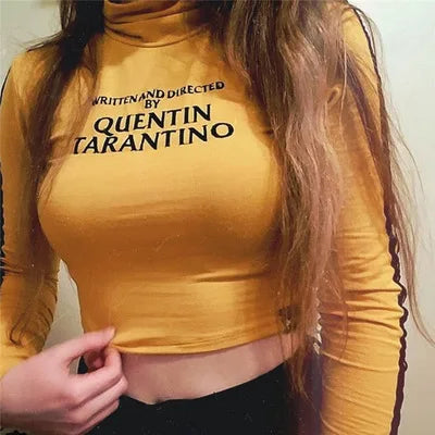 2025 Fashion Quentin Tarantino Sexy Crop Tops Women Side Stripe Long Sleeve Turtleneck Cotton Knitted Short tshirt Lady