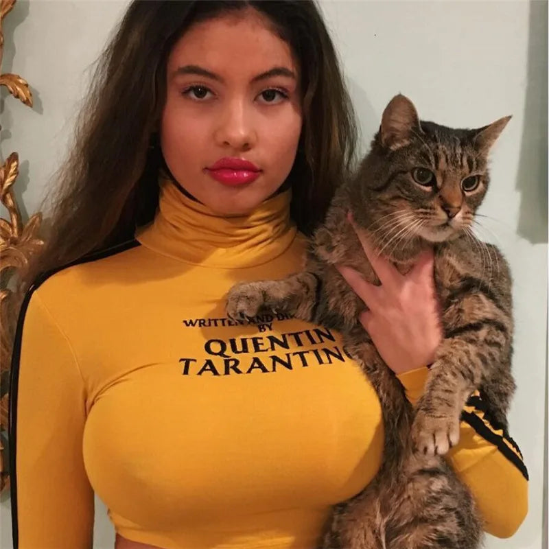 2025 Fashion Quentin Tarantino Sexy Crop Tops Women Side Stripe Long Sleeve Turtleneck Cotton Knitted Short tshirt Lady