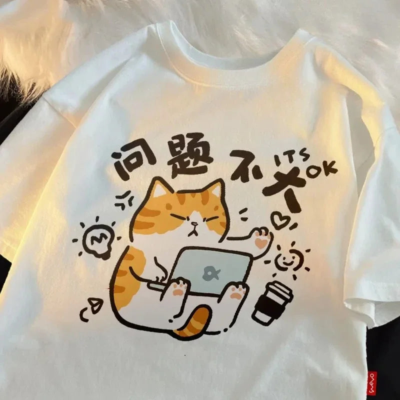 Cat Cute It's Ok Printed T-shirt Women Summer Casual Trend Retro Cartoon Printed Round Neck Top Short Sleeved Woman Clothing