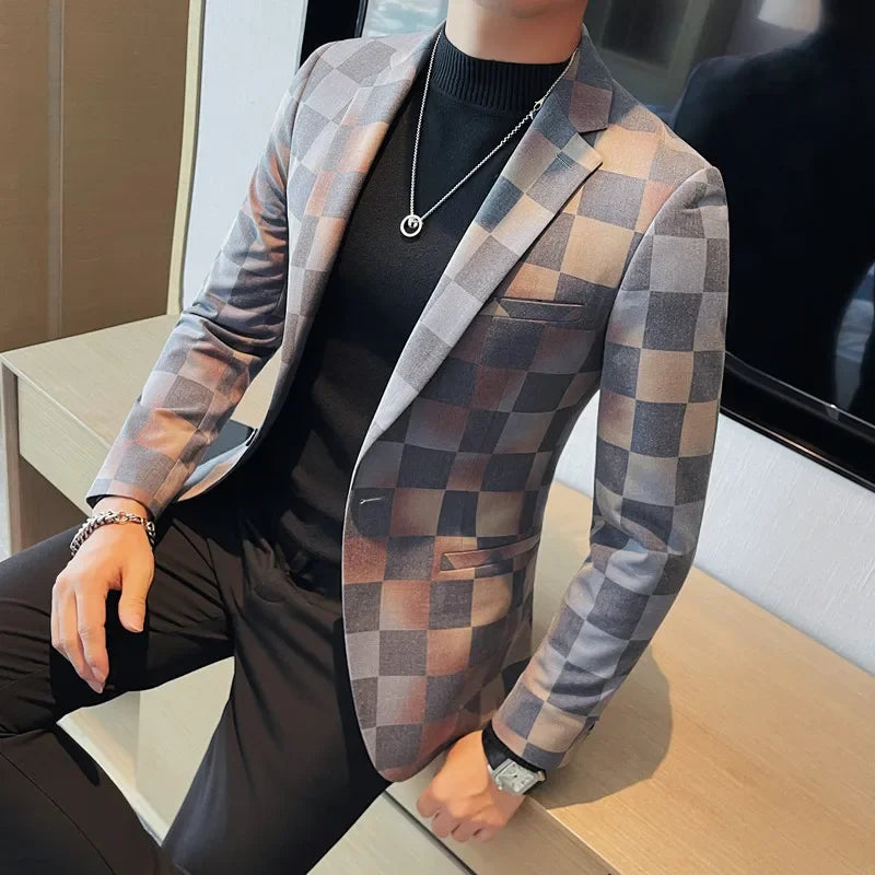 British Style Luxury Plaid Suit Jacket 2025 Spring New Men High-end Business Slim Blazers Groom Wedding Social Party Dress Coats