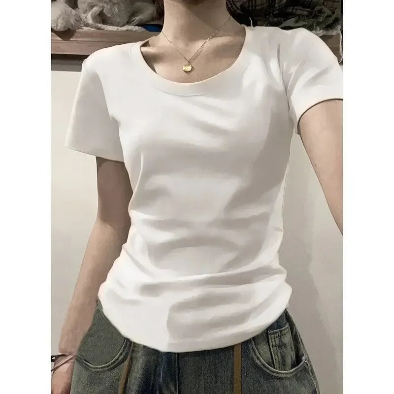 100% Pure Cotton Casual Short Sleeved T-shirt for Women's Summer Elastic Slim Fit Round Neck Bottom Shirt for Women's  Fashion
