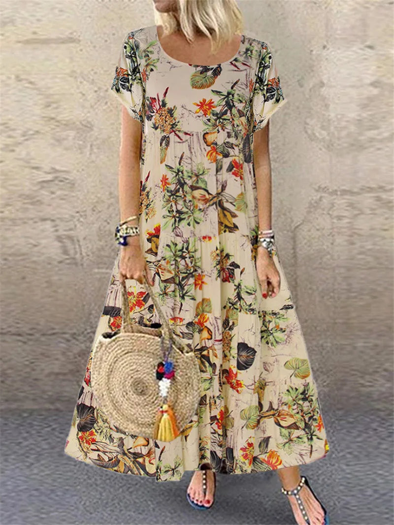 2025 Summer Women's Dress O-neck Loose Short-sleeved Floral Print Pastoral Style Vacation Beach Long Skirt