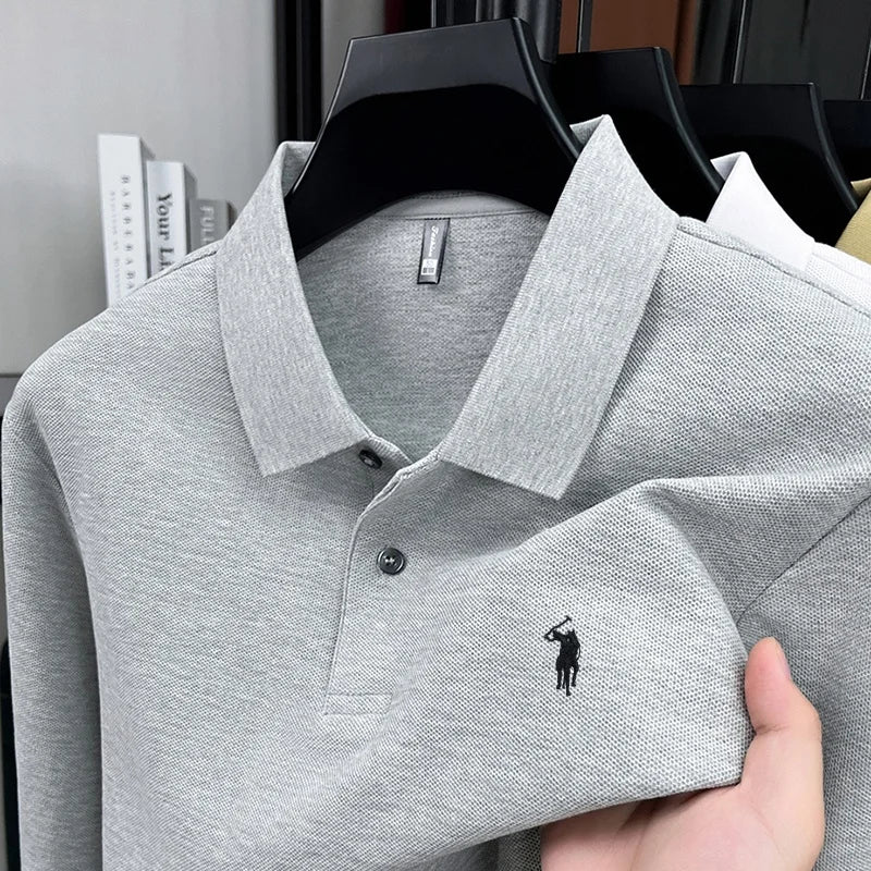 100% pure cotton high-end brand men's long sleeved polo shirt autumn fashion hot selling pony embroidery design golf top T-shirt