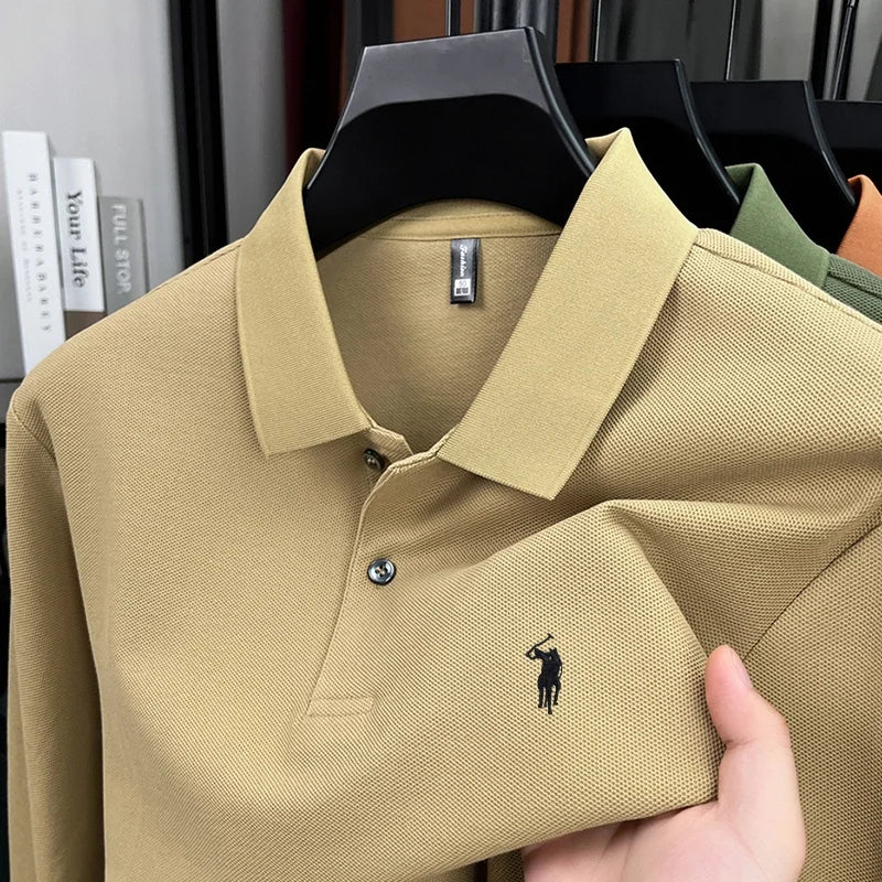 100% pure cotton high-end brand men's long sleeved polo shirt autumn fashion hot selling pony embroidery design golf top T-shirt