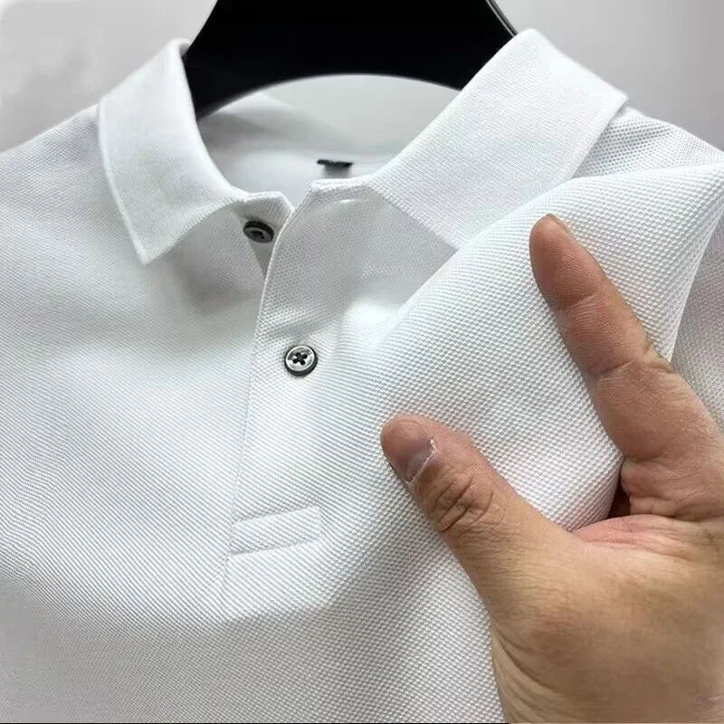 025 Summer New Men's Short sleeved Solid Color Polo Shirt Breathable and Comfortable Elastic Top Casual Business New Style
