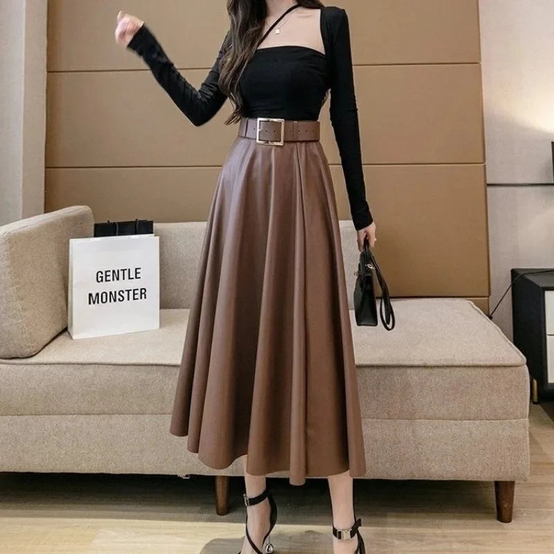 Caramel Leather Skirt High Waist A- Line Midi Skirt Women's Spring Autumn Large Swing Long Skirt Simple Pure Color Style