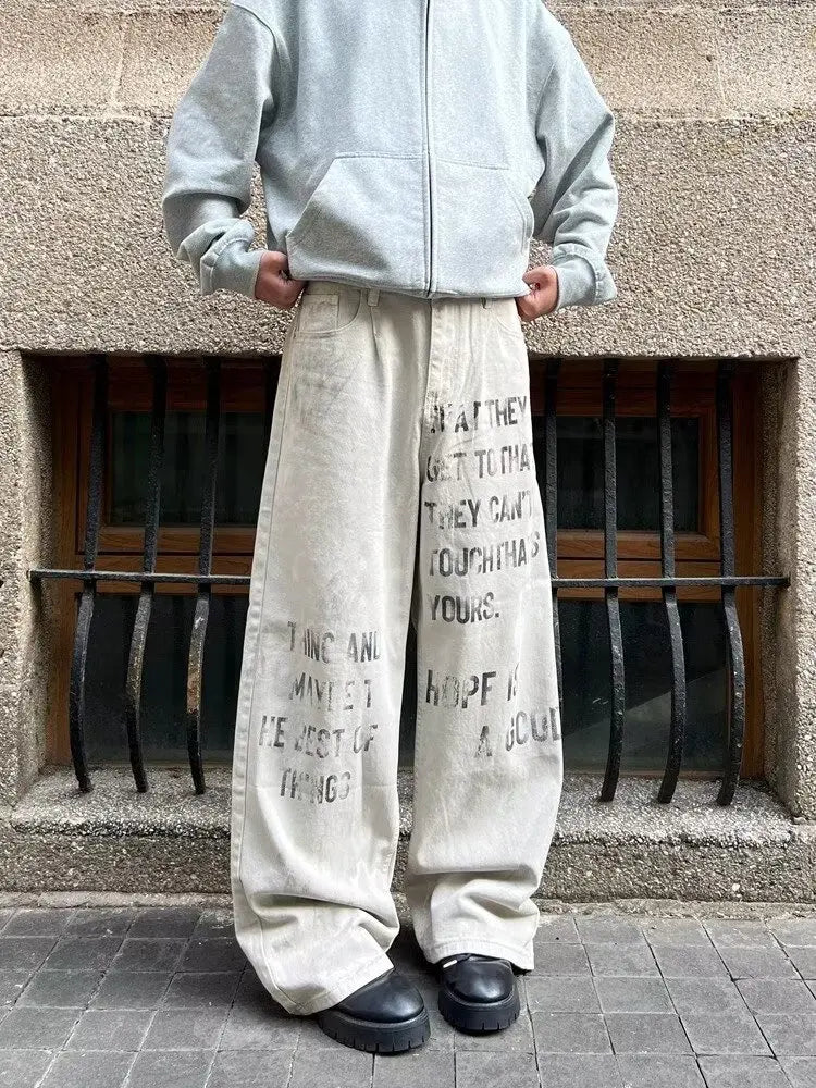 2025 Cyber Y2K Streetwear Letter Printed White Baggy Jeans Pants For Men Clothing Cotton Gothic Long Trousers Pantalones Hombre
