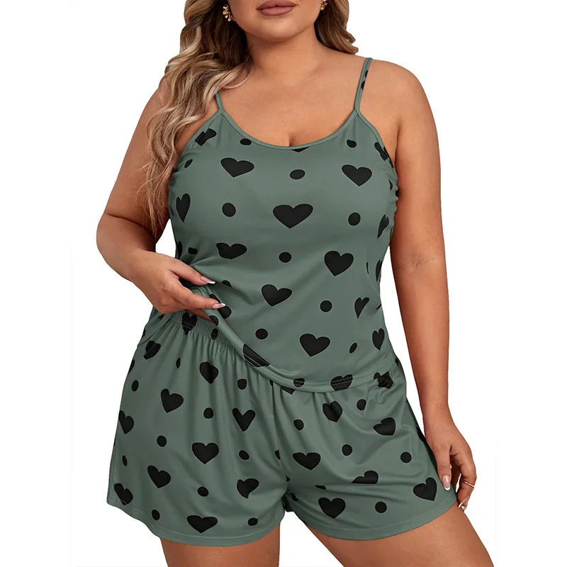 2025 Summer Women's Heart Print Pajama Set Sleeveless Elastic Waist Shorts 2 Pieces Female Sleepwear Nightwear XL-5XL Plus Size