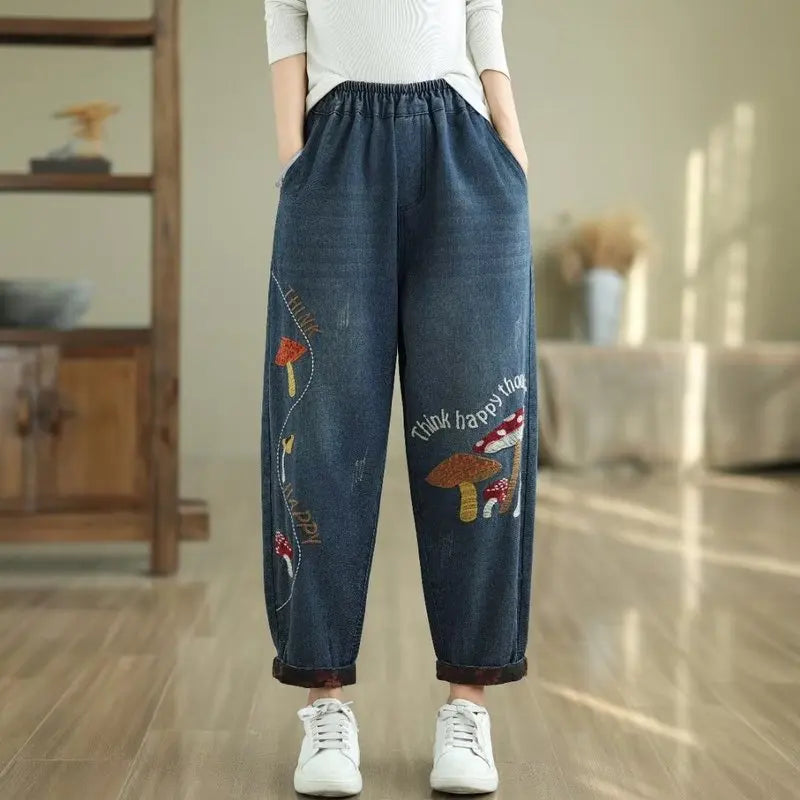 Cartoon Embroidery Creative Patchwork Jeans For Women Spring Fall Fashion Elastic Waist Baggy Casual Denim Harem Pants Female