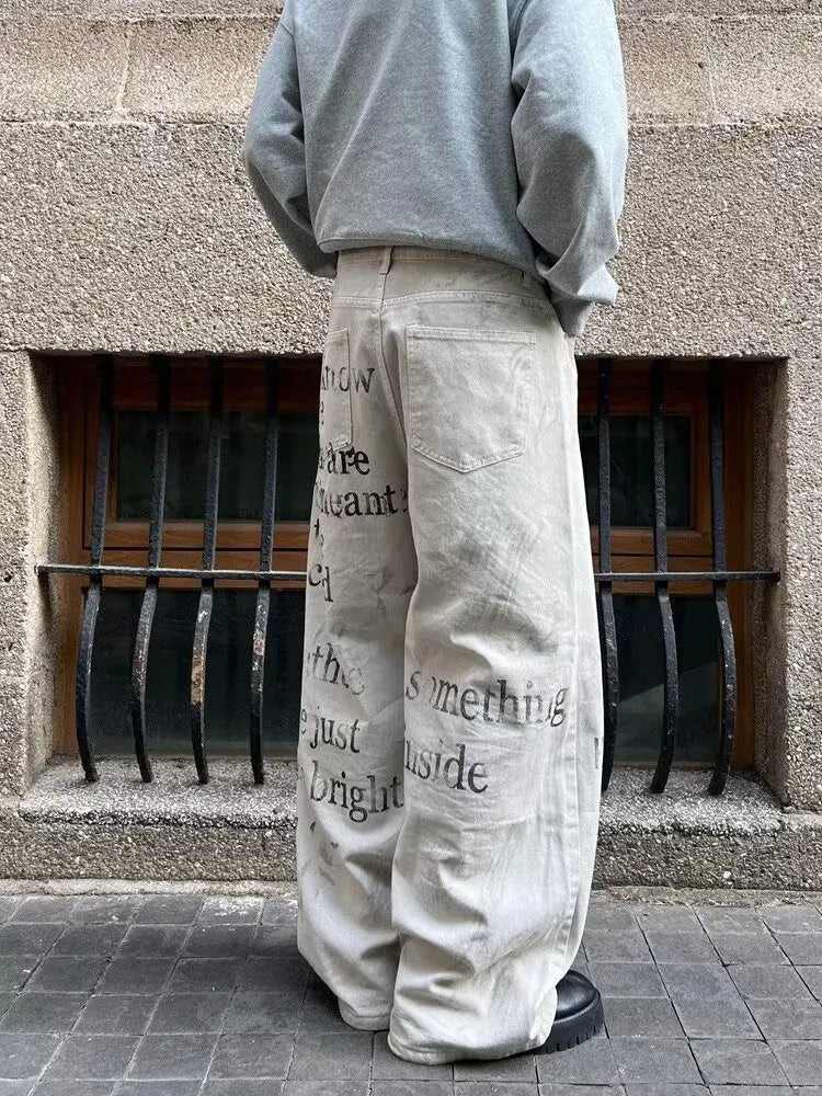 2025 Cyber Y2K Streetwear Letter Printed White Baggy Jeans Pants For Men Clothing Cotton Gothic Long Trousers Pantalones Hombre