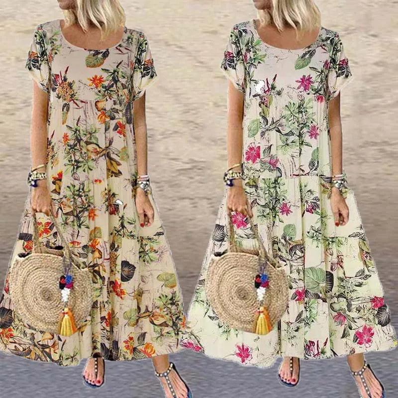2025 Summer Women's Dress O-neck Loose Short-sleeved Floral Print Pastoral Style Vacation Beach Long Skirt