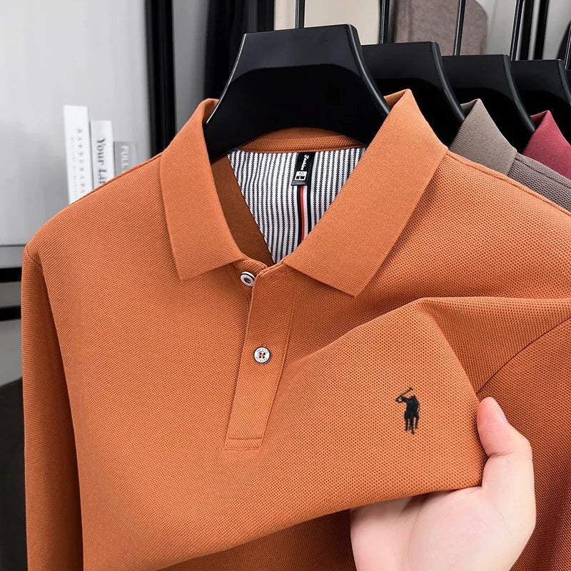100% pure cotton high-end brand men's long sleeved polo shirt autumn fashion new luxurious pony Paul embroidery top golf T-shirt
