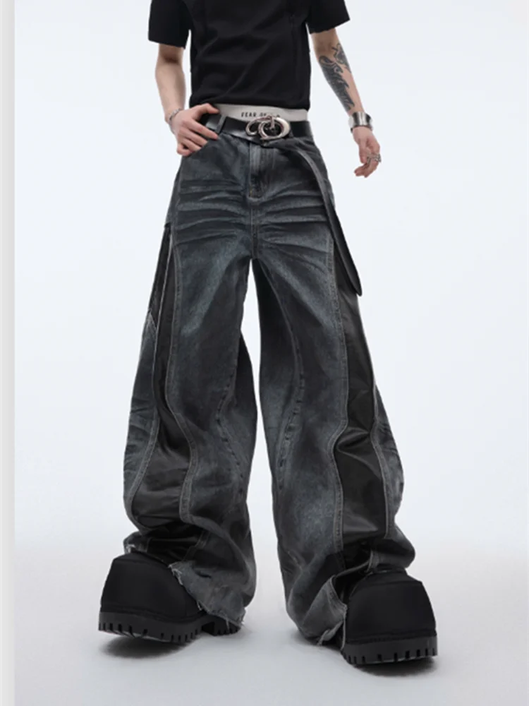 2025 Cyber Y2K Streetwear Black Pu Leather Patchwork Baggy Flare Jeans Pants Men Clothing Washed Black Wide Leg Denim Trousers