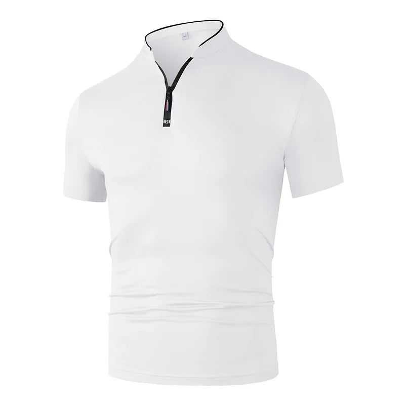 2025 New Men's Casual Fashion Zipper Solid Color Short Sleeved Polo Shirt Stand Up Collar Versatile Comfortable Top