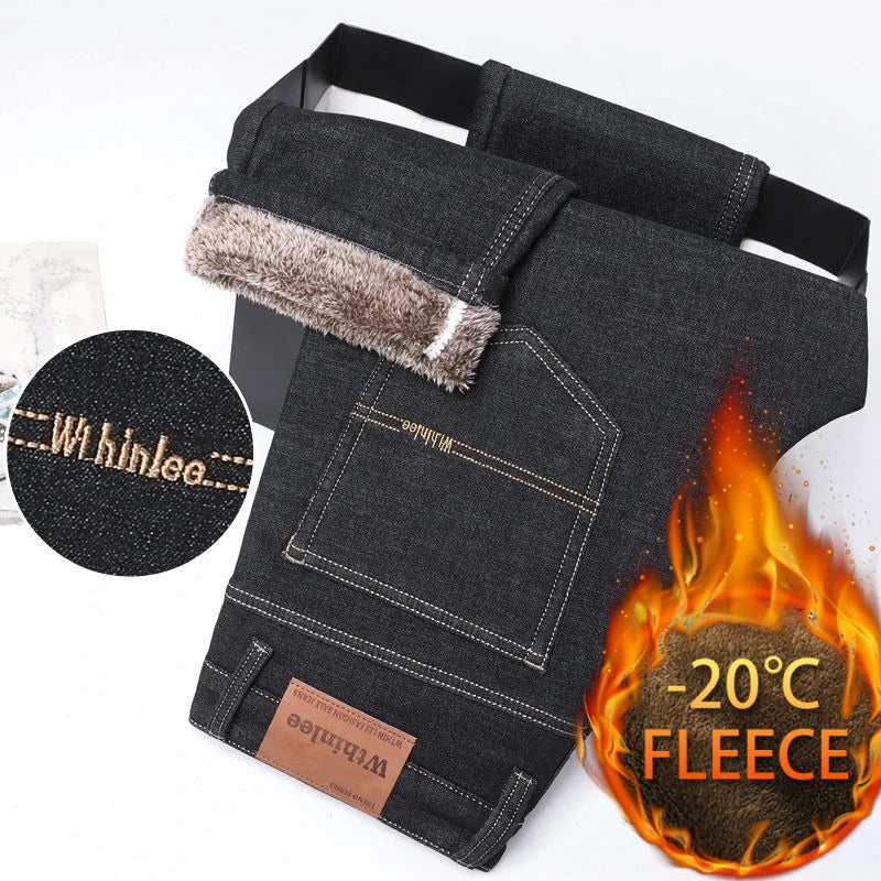Autumn and Winter Fashionable Solid Color with Thick Fleece and Warm Straight Leg Jeans for Men's Casual Sports Men's Jeans