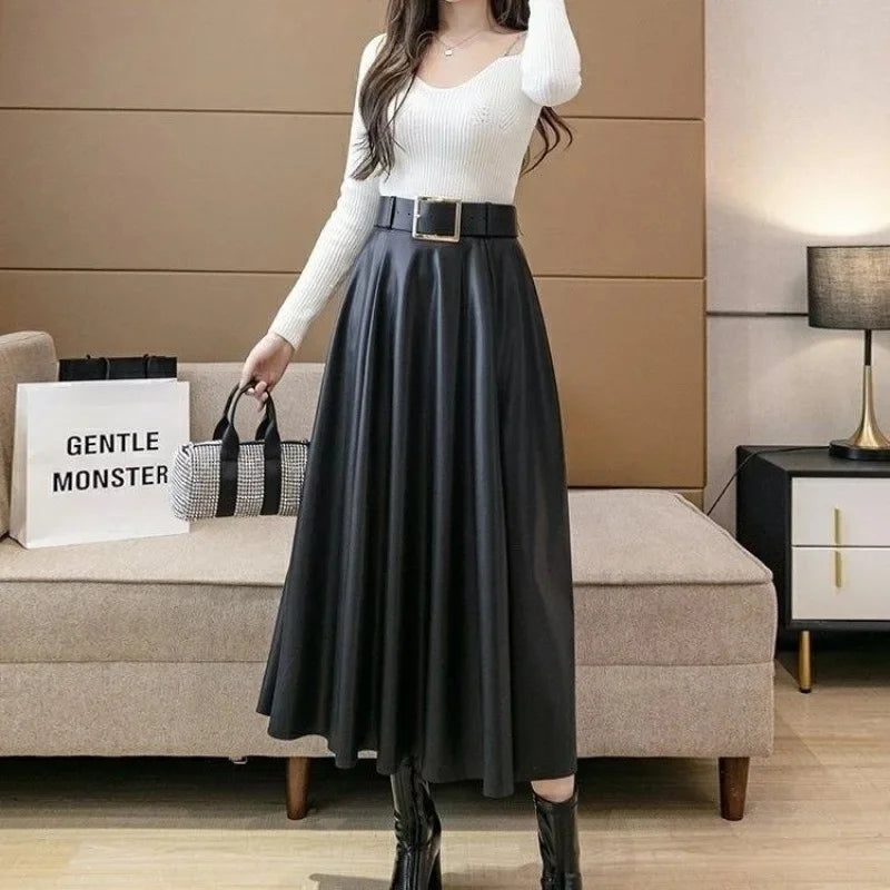 Caramel Leather Skirt High Waist A- Line Midi Skirt Women's Spring Autumn Large Swing Long Skirt Simple Pure Color Style