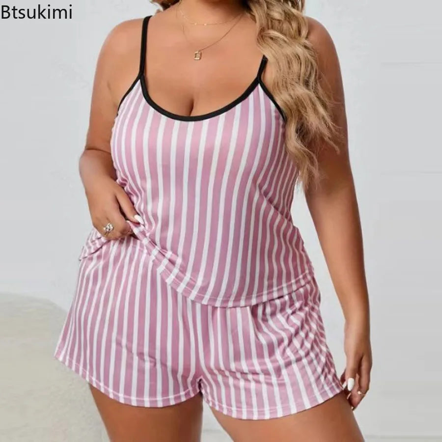2025 Summer Women's Heart Print Pajama Set Sleeveless Elastic Waist Shorts 2 Pieces Female Sleepwear Nightwear XL-5XL Plus Size
