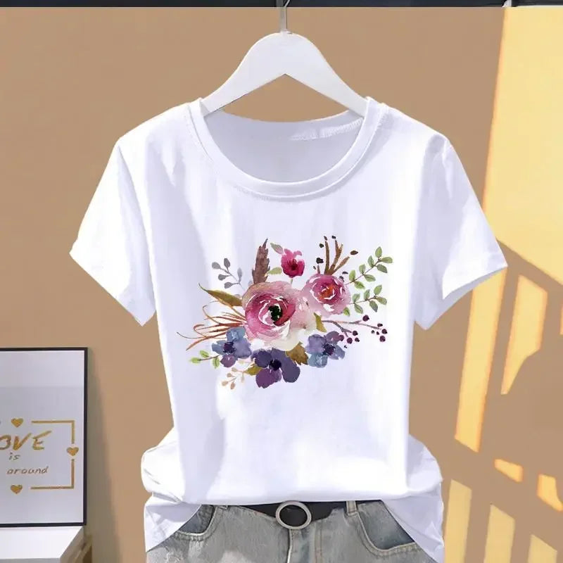 90s Y2k Women's Floral Print Sports Casual Short Sleeve T-shirt Graphic Tee Women's Fashion Clothing T-Shirt