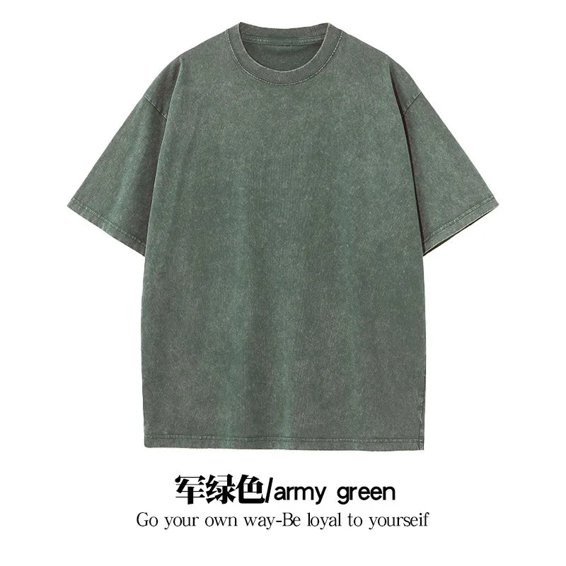 American Retro Pure Cotton Vintage T-shirt with Diamond Earth Color Street Style Diamond Flash Retro T-shirt for Men and Women