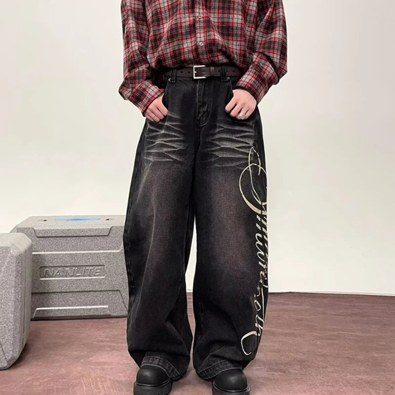 Autumn Men's Letter Printed Straight-Leg Baggy Jeans Hip Hop Fashion Washed Denim Pantalones American Retro Y2K Streetwear Jean