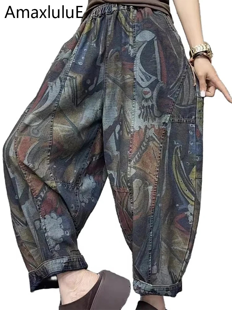 Amax luluE Fashion Loose Printed Vintage Womens Spring Denim Pants Patchwork Jeans Ladies Classic Casual Punk Wide Leg Trousers