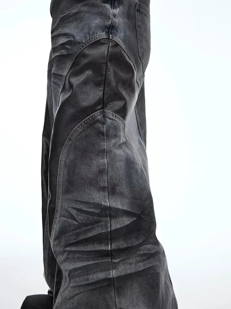2025 Cyber Y2K Streetwear Black Pu Leather Patchwork Baggy Flare Jeans Pants Men Clothing Washed Black Wide Leg Denim Trousers