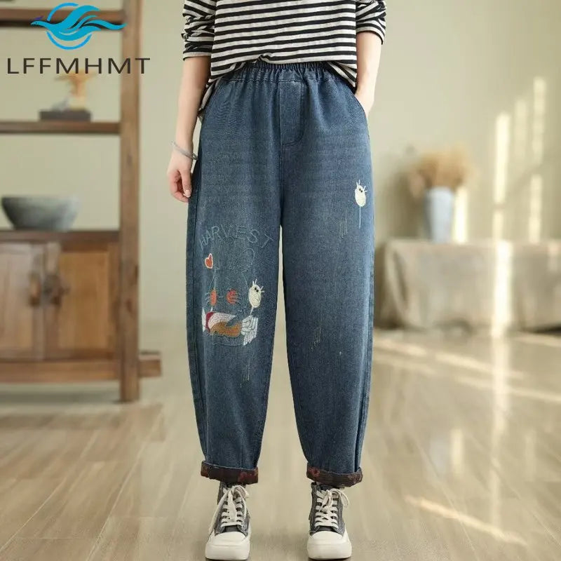 Cartoon Embroidery Creative Patchwork Jeans For Women Spring Fall Fashion Elastic Waist Baggy Casual Denim Harem Pants Female