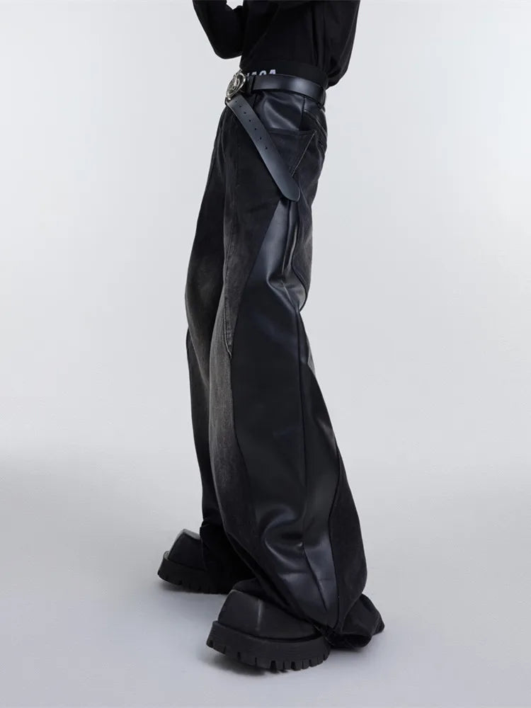 2024 Ropa Y2K Streetwear Red Pu Leather Patchwork Baggy Jeans Pants For Men Designer Clothes Kanye Wide Leg Loose Denim Trousers