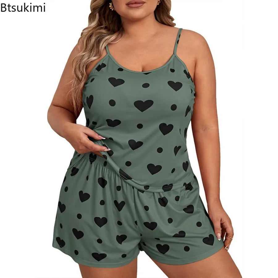 2025 Summer Women's Heart Print Pajama Set Sleeveless Elastic Waist Shorts 2 Pieces Female Sleepwear Nightwear XL-5XL Plus Size