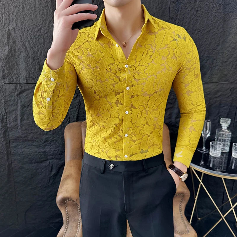 2023 High-quality Sexy Lace Shirt for Men Long Sleeve Slim Fit Casual Shirts Social Party Tuxedo Nightclub Blouse Men Clothing