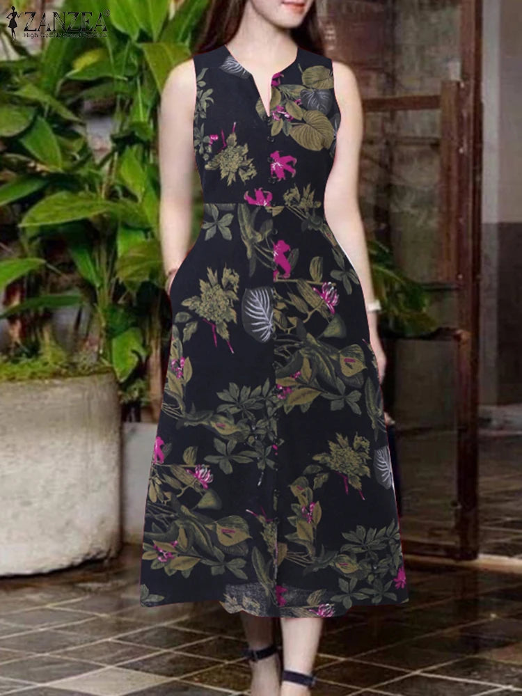 2025 Summer Dress ZANZEA Women Bohemain Printed Midi Sundress Casual V Neck Sleevelesss Holiday Party Vestidos Kaftan Robe Femme