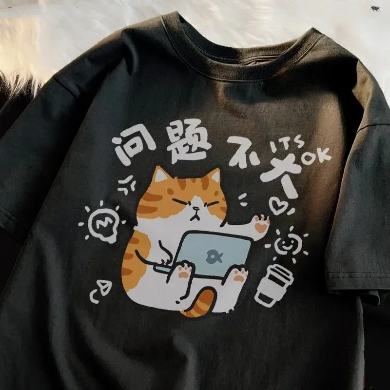 Cat Cute It's Ok Printed T-shirt Women Summer Casual Trend Retro Cartoon Printed Round Neck Top Short Sleeved Woman Clothing