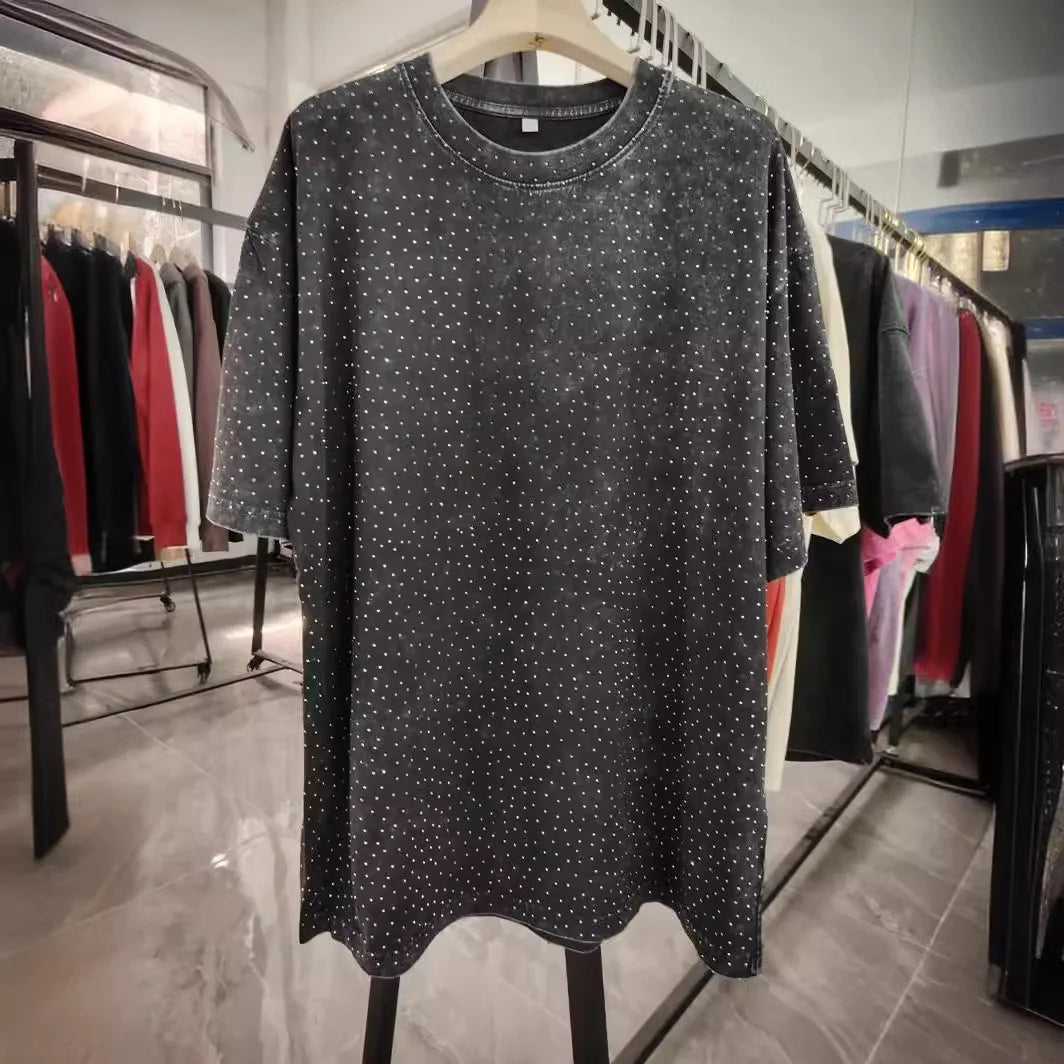 American Retro Pure Cotton Vintage T-shirt with Diamond Earth Color Street Style Diamond Flash Retro T-shirt for Men and Women