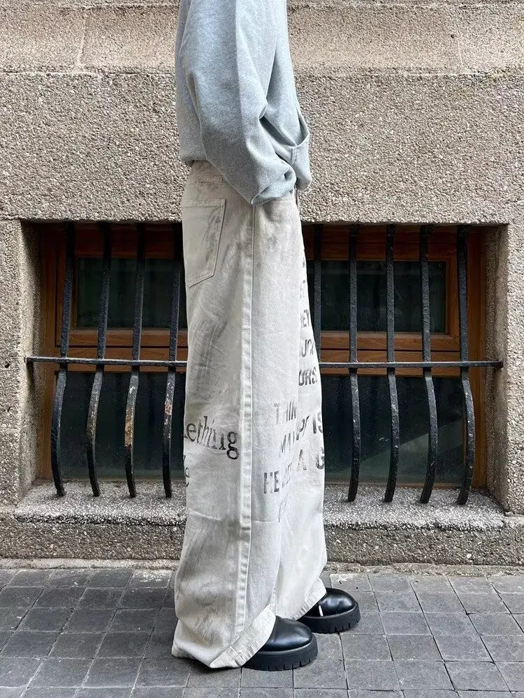 2025 Cyber Y2K Streetwear Letter Printed White Baggy Jeans Pants For Men Clothing Cotton Gothic Long Trousers Pantalones Hombre