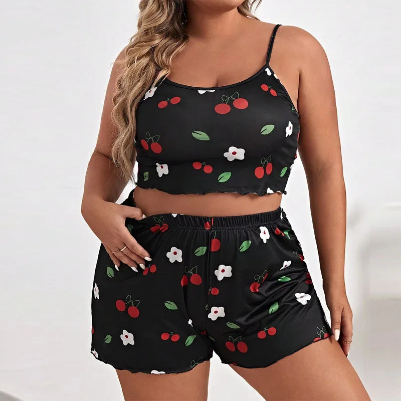2025 Summer Women's Heart Print Pajama Set Sleeveless Elastic Waist Shorts 2 Pieces Female Sleepwear Nightwear XL-5XL Plus Size