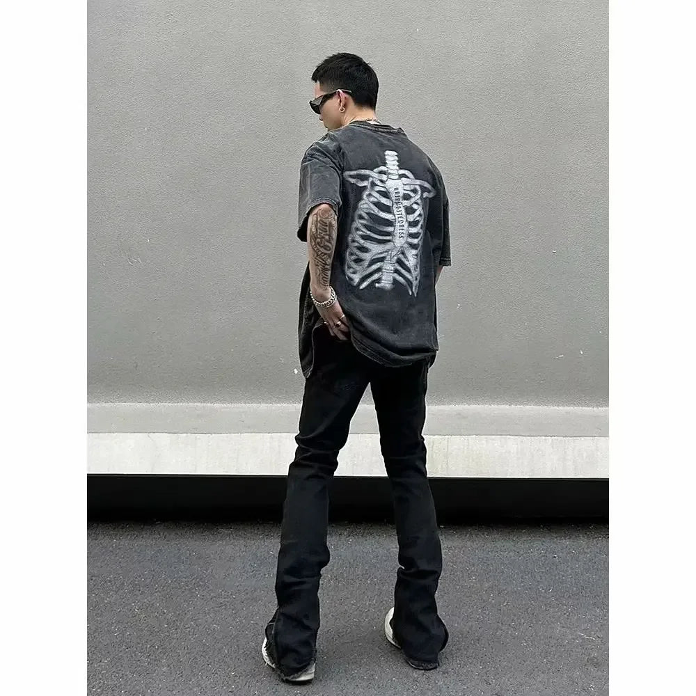 American Style Fringe Side Zip Jeans Men's Trendy Straight Leg Slimming Pants Casual Scene High Street Style Micro Flared Waist