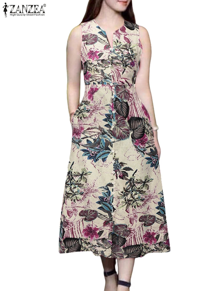 2025 Summer Dress ZANZEA Women Bohemain Printed Midi Sundress Casual V Neck Sleevelesss Holiday Party Vestidos Kaftan Robe Femme
