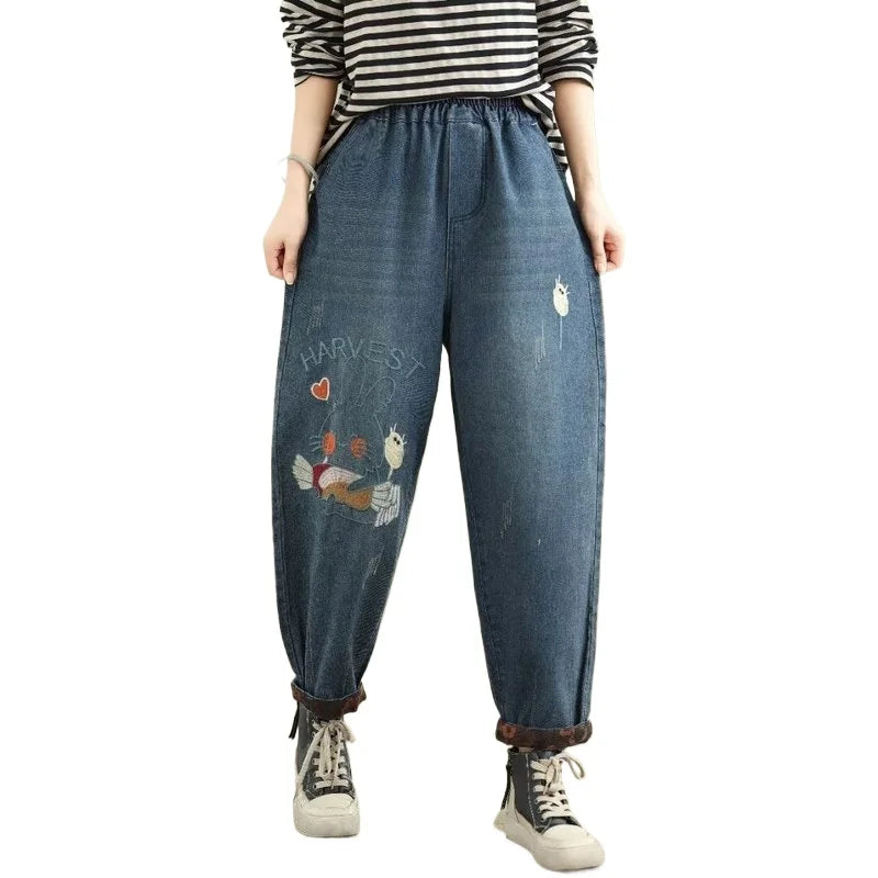 Cartoon Embroidery Creative Patchwork Jeans For Women Spring Fall Fashion Elastic Waist Baggy Casual Denim Harem Pants Female
