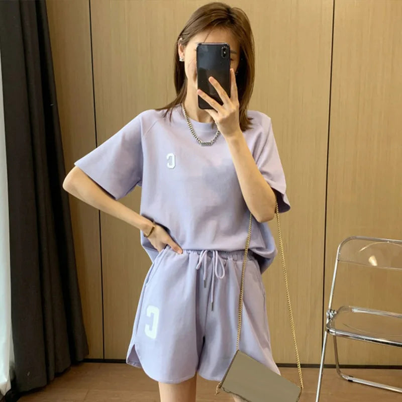2 Piece Set Women Summer Large Size Short Pajamas Loose Short Sleeve T-shirt Casual Shorts Sports Print Letter Casual Suit