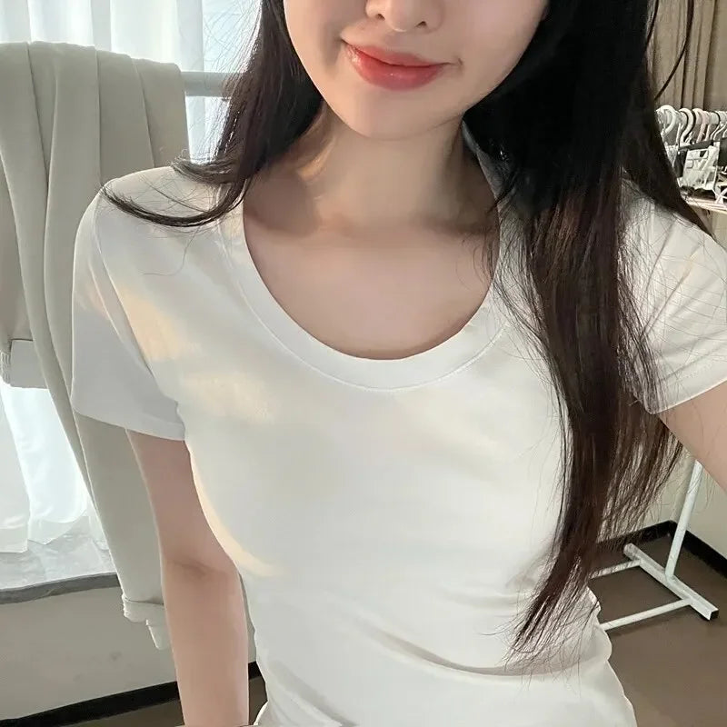 100% Pure Cotton Casual Short Sleeved T-shirt for Women's Summer Elastic Slim Fit Round Neck Bottom Shirt for Women's  Fashion