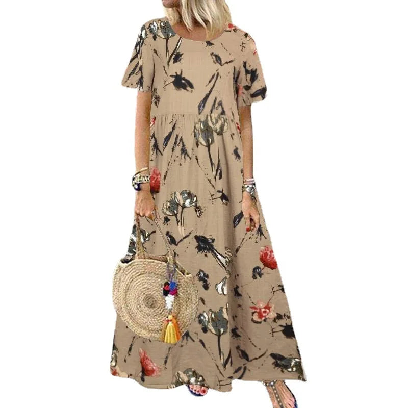2025 Summer Women's Dress O-neck Loose Short-sleeved Floral Print Pastoral Style Vacation Beach Long Skirt