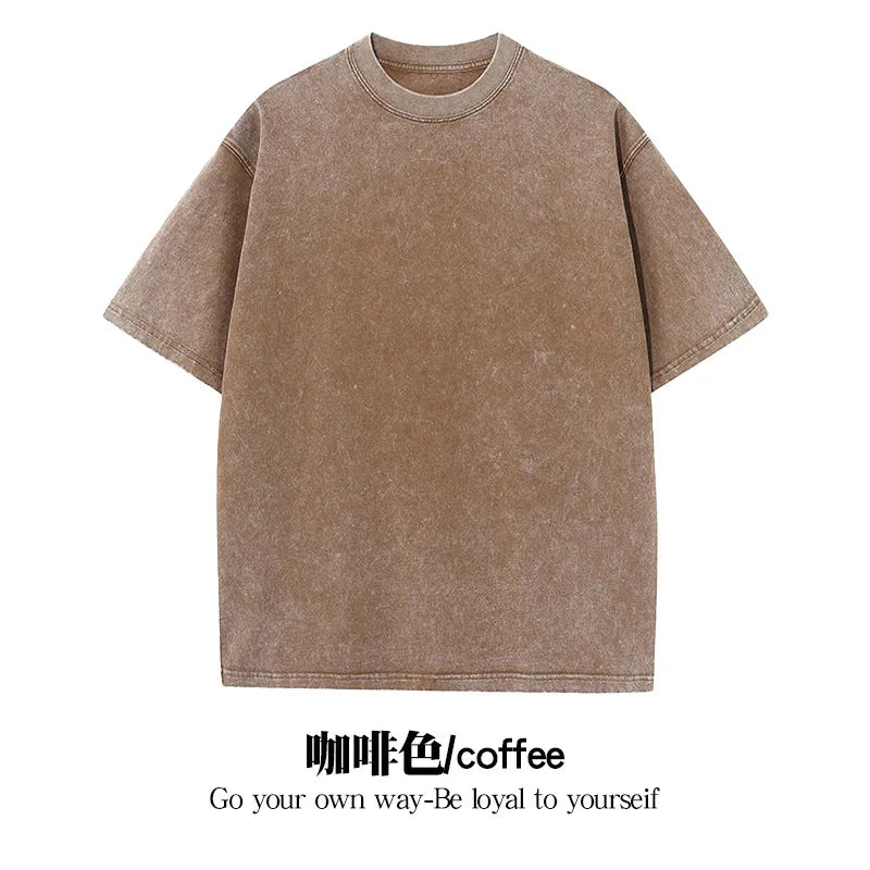 American Retro Pure Cotton Vintage T-shirt with Diamond Earth Color Street Style Diamond Flash Retro T-shirt for Men and Women