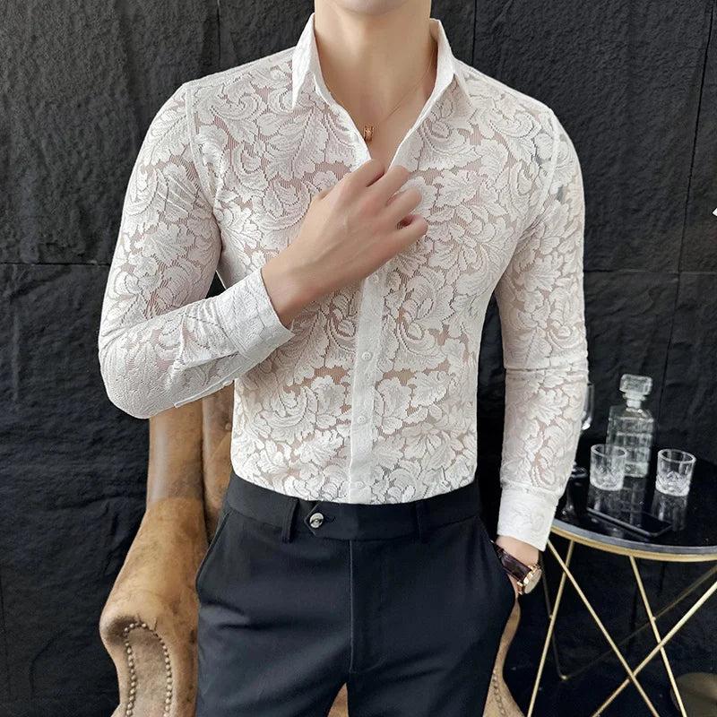 2023 High-quality Sexy Lace Shirt for Men Long Sleeve Slim Fit Casual Shirts Social Party Tuxedo Nightclub Blouse Men Clothing