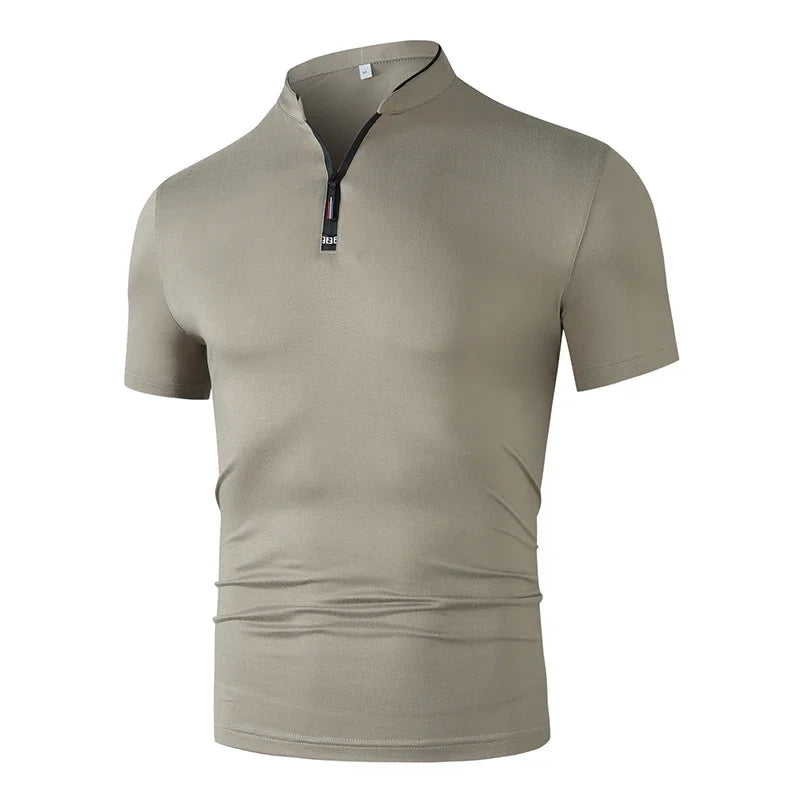 2025 New Men's Casual Fashion Zipper Solid Color Short Sleeved Polo Shirt Stand Up Collar Versatile Comfortable Top