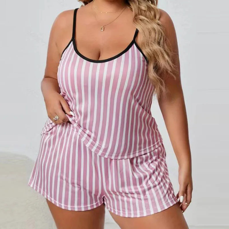 2025 Summer Women's Heart Print Pajama Set Sleeveless Elastic Waist Shorts 2 Pieces Female Sleepwear Nightwear XL-5XL Plus Size