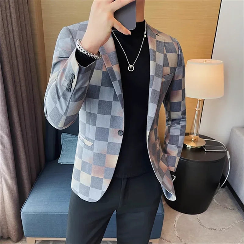 British Style Luxury Plaid Suit Jacket 2025 Spring New Men High-end Business Slim Blazers Groom Wedding Social Party Dress Coats